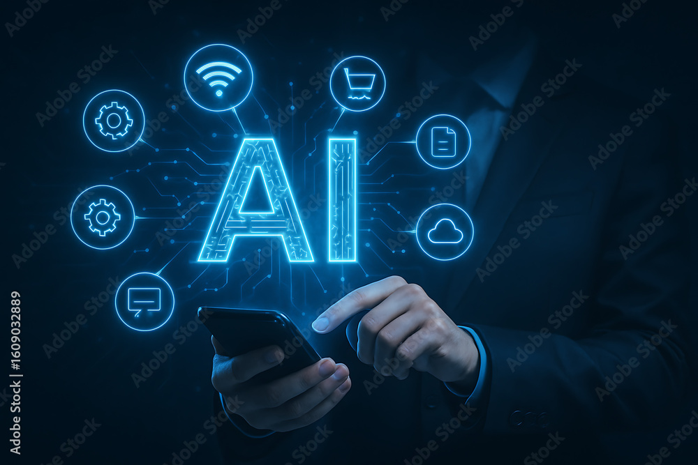 Poster futuristic artificial intelligence design with smartphone and holographic icons representing machine