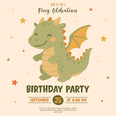 Birthday invitation. Cute design with a little dragon and stars for Birthday and baby shower party. Child-friendly and cute dragon. Vector