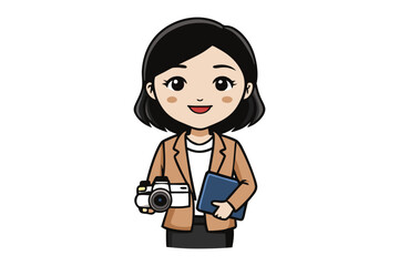 Charming cartoon illustration of a professional woman holding a camera and a notebook ready for work