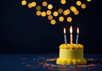 Birthday Cake with Lit Candles and Sprinkles on Dark Bokeh Background
