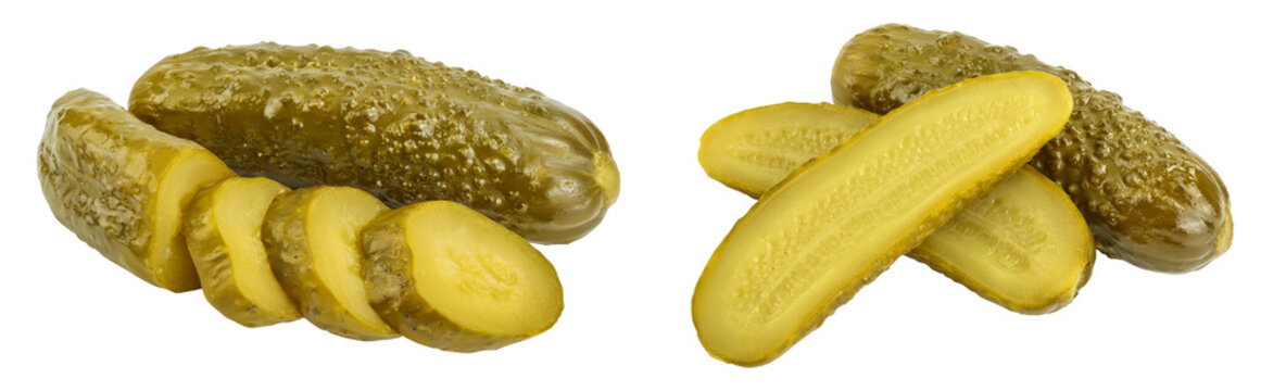 Marinated pickled cucumber isolated on white background with  full depth of field