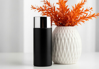 Black Cosmetic Bottle and White Pineapple Vase with Orange Plants
