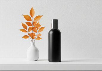 Minimalist Autumn Decor with Black Bottle and Orange Leaves Vase