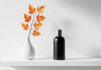 Minimalist Autumn Decor with Black Bottle and Orange Leaves Vase