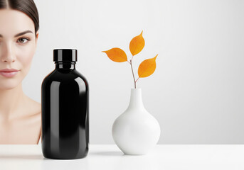 Beautiful Woman with Skincare Bottle and Autumn Leaves Display