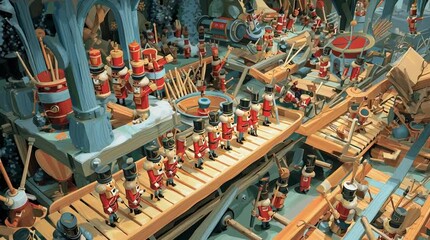 A magical toy assembly line in Santa’s workshop, with elves crafting gifts amid whimsical machines. A vibrant, festive scene perfect for Christmas stories, holiday ads, and children’s content.