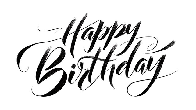 'Happy birthday'' handwritten lettering on white background elegant calligraphy style cheerful message for celebration or greeting design