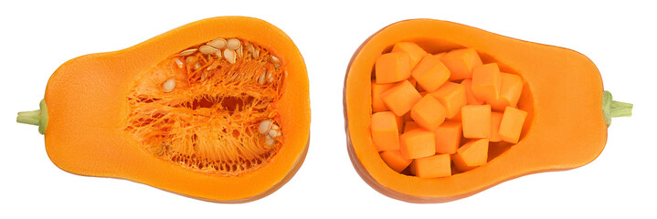 butternut squash half isolated on white background with  full depth of field. Top view. Flat lay