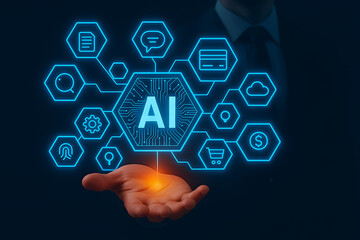 Artificial intelligence hexagon network displayed above user palm with futuristic digital interface icons representing innovation and smart tech integration in business environment