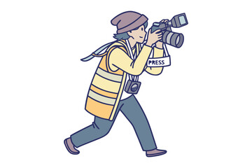 Cartoon illustration of a determined photojournalist in a reflective vest capturing a moment with a professional camera