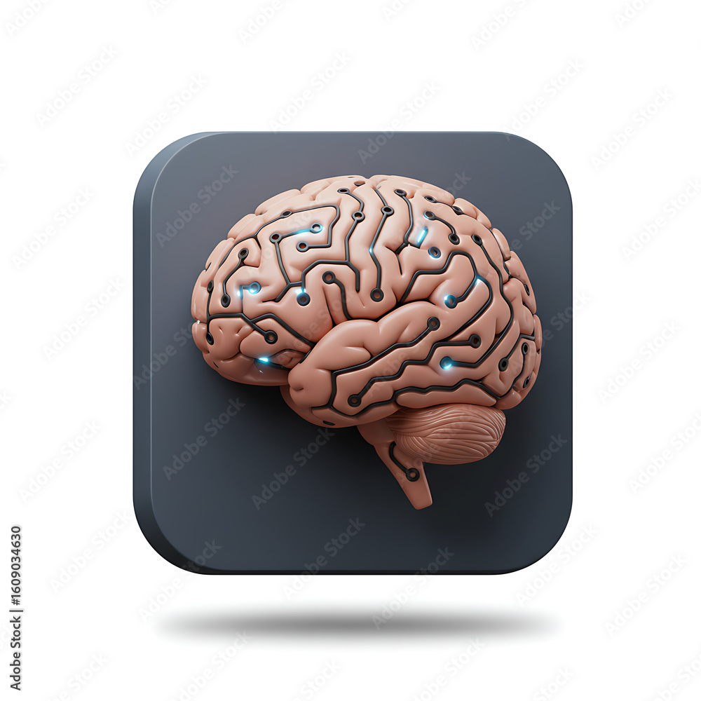 Fototapete 3D rendering of a brain with circuit-like patterns on a rounded square, symbolizing intelligence or technology.