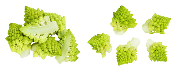 Romanesco broccoli cabbage or Roman Cauliflower isolated on white background. Top view. Flat lay