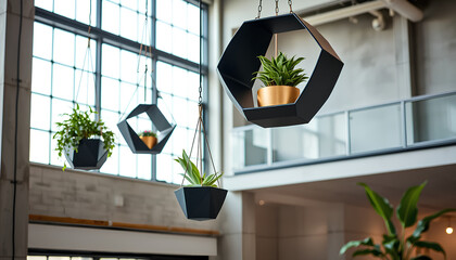 Abstract geometric hanging planters in black and gold, matte texture, suspended in a bright loft space with soft ambient lighting