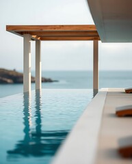 Fototapeta premium Tranquil infinity pool view with ocean backdrop and wooden structure