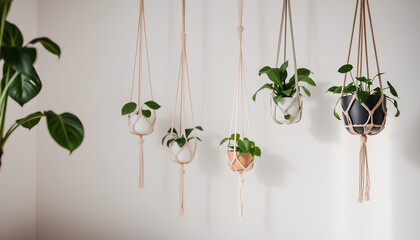 Calm interior corner with multiple hanging plants in macramé holders, focus on leaf texture and soft lighting, peaceful botanical theme
