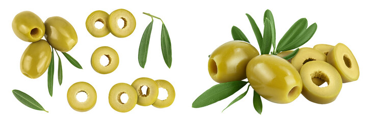 Green olives with leaves isolated on a white background with full depth of field. Top view. Flat lay
