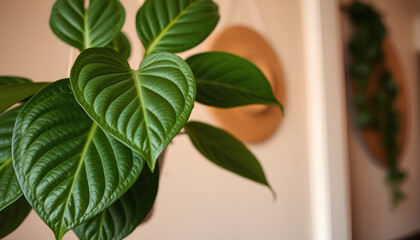 Close-up of a tropical hanging plant (philodendron) with textured leaves, warm neutral background, styled in a calm bohemian interior