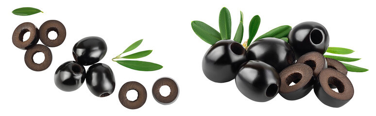 Black olives with leaves isolated on a white background with full depth of field. Top view. Flat lay