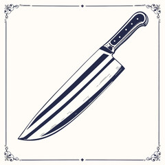 Vintage Chef’s Knife Silhouette – Black and White Vector Illustration with Ornamental Frame and Detailed Handle
