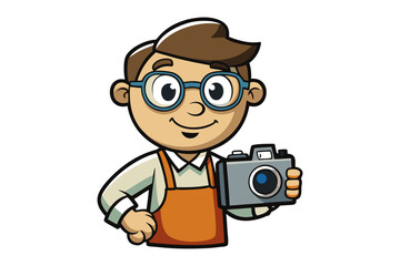 Friendly cartoon photographer with glasses and apron holding a vintage camera ready to capture moments