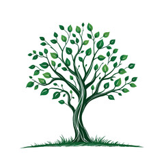 Obraz premium Flourishing Tree Vector – Green Leaf Canopy Illustration with Detailed Trunk and Grass Base