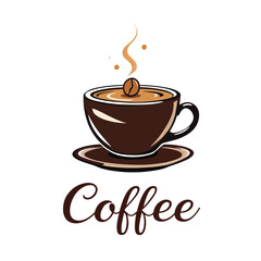 Coffee Cup Silhouette – Warm Vector Illustration Featuring Steaming Beverage, Floating Bean, Saucer, and Handwritten Text