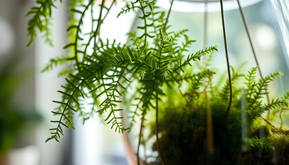 Close-up of hanging ferns and mosses in a glass terrarium-style planter, sunlight filtering through, nature-inspired indoor tranquility