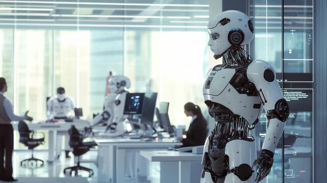 In a modern office filled with sleek technology, humans and robots collaborate seamlessly to accomplish tasks. The atmosphere buzzes with innovation and potential for the future.