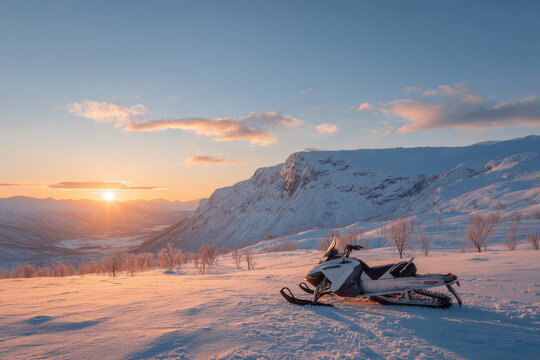 stunning landscape featuring snowmobiles in majestic mountains against backdrop of blazing sunset