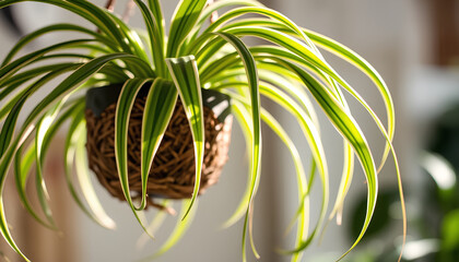 Detailed close-up of hanging spider plant with arching green-and-white leaves, sunlight softly illuminating the edges