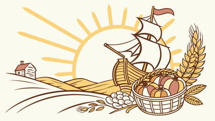 Schwenkfelder Thanksgiving Vector Art, Historic Sailing Ship and Harvest Cornucopia