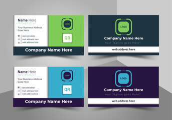 Modern and professional business card design template featuring two striking color variations (green/dark blue and blue/purple). Perfect for various industries, customizable for your brand identity.