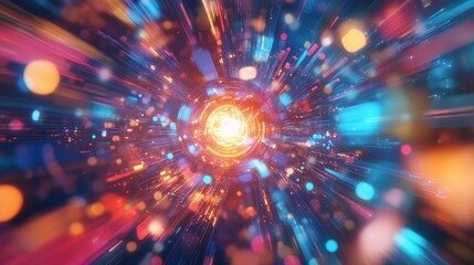 Abstract burst of colorful energy particles radiating from a glowing central vortex