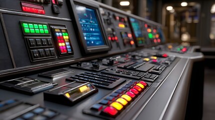 Futuristic Control Panel with Colorful Buttons and Screens in a Modern Technological Environment