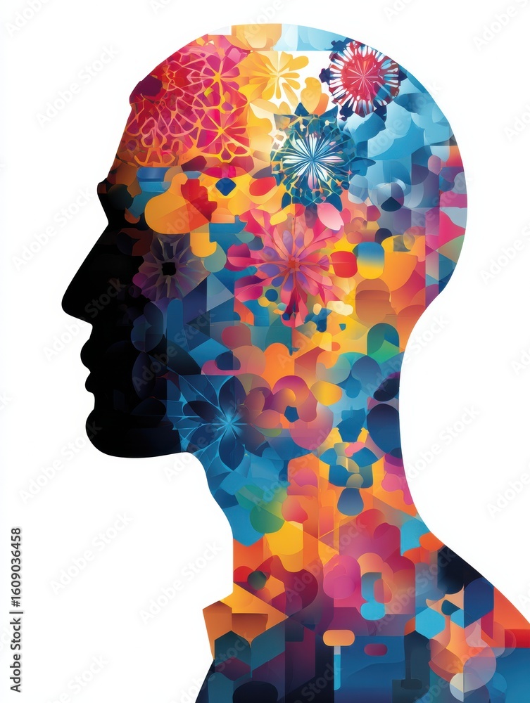 Poster kaleidoscope patterns unfold within the silhouette of a head showcasing vibrant colors and abstract 