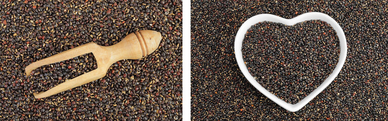black quinoa in wooden scoop and bowl as a background. Top view. Flat lay