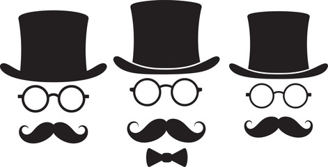 Three gentleman faces with top hats glasses and mustaches silhouette