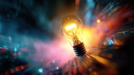 A glowing light bulb surrounded by a vibrant explosion of colorful abstract elements, with soft-focus bokeh lighting