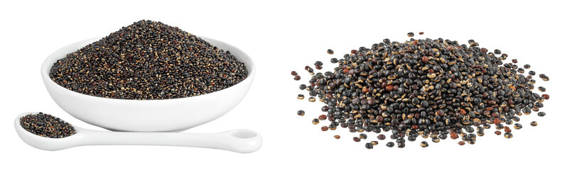 black quinoa in ceramic bowl and spoon isolated on white background