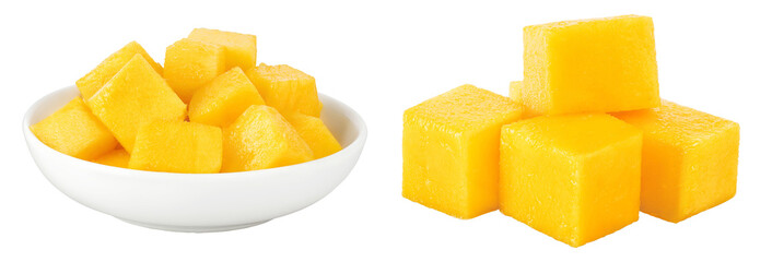 mango diced in ceramic bowl isolated on white background with full depth of field