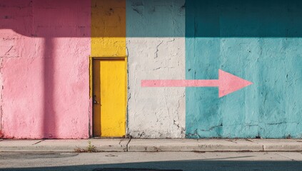 Colorful building exterior with a pink arrow