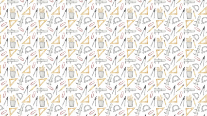 Seamless pattern featuring drafting tools such as rulers compasses and pencil holders in a repeat design