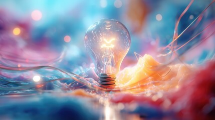 A glowing light bulb surrounded by a vibrant explosion of colorful abstract elements, with soft-focus bokeh lighting