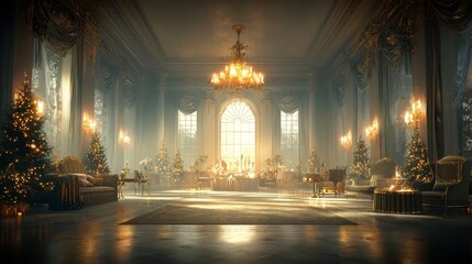 Elegant christmas celebration grand hall interior design luxurious setting warm ambiance festive atmosphere