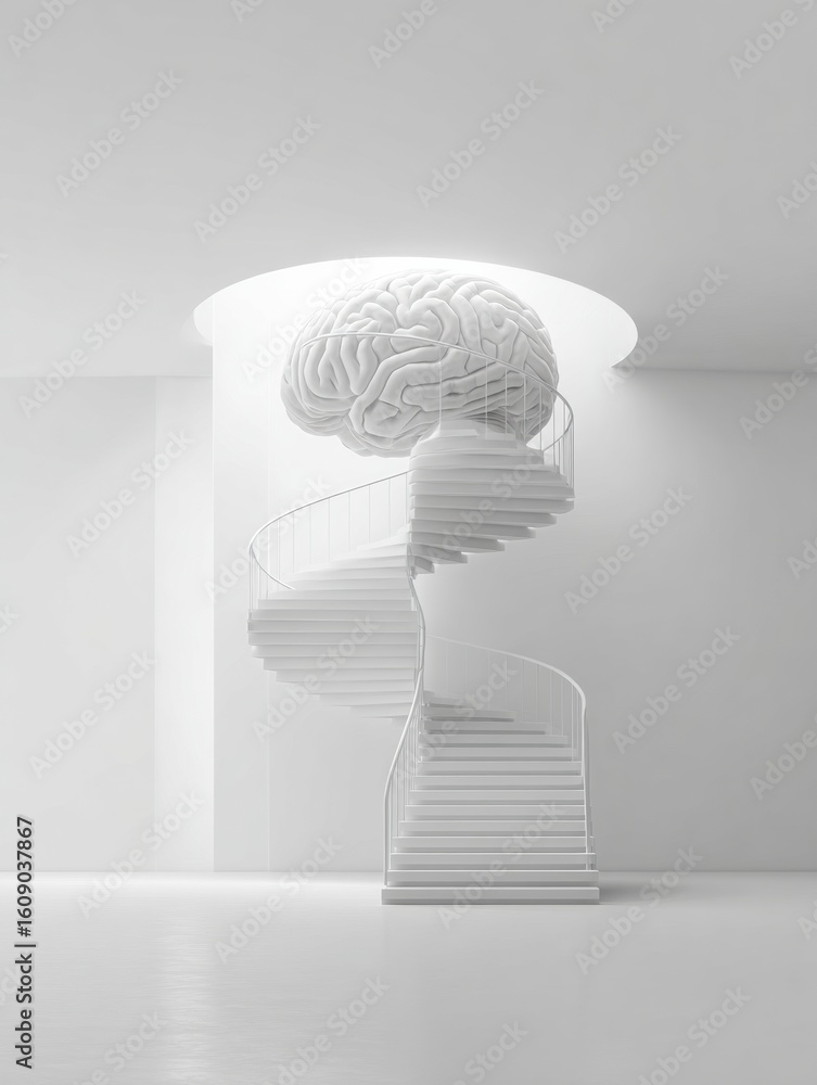 Poster abstract staircase loops into a brain spiral in a minimalistic white space