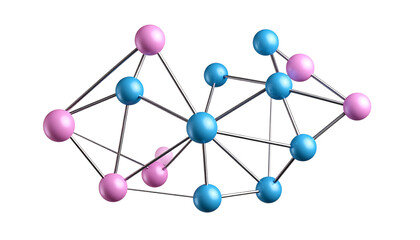 Abstract arrangement of pink and blue spheres connected by metal rods on a black background Concept of science, connection, and molecular structure isolated on solid white background Png