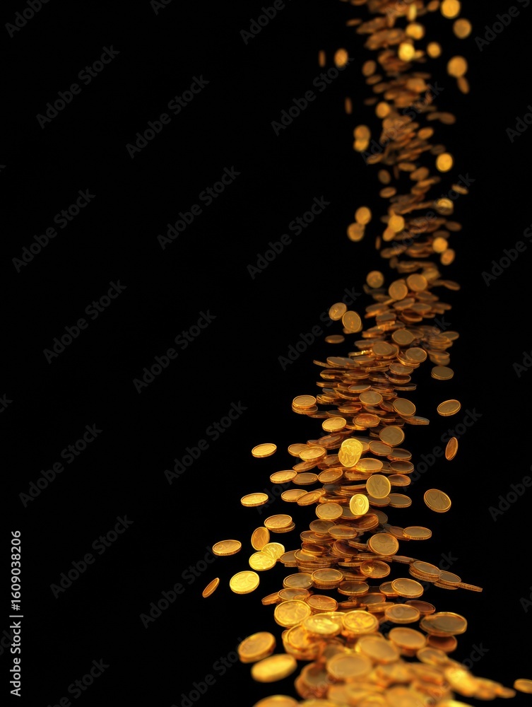 Poster golden coin cascade with gradient effect flows across a dark background, creating a stunning visual 