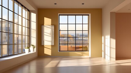 Bright Modern Living Space With Large Windows and Urban View Bathed in Natural Sunlight