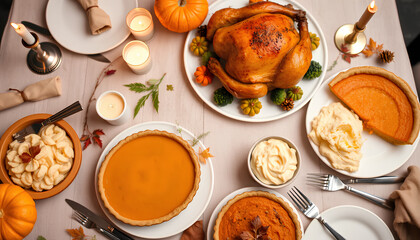Flat lay of Thanksgiving dinner table with roasted turkey, mashed potatoes. Warm lighting, cozy autumn vibe
