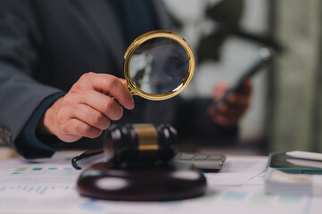 Examining Legal Document Magnifying Glass, Right-hand Holding, Desk Gavel, Mobile, Chart, Due...